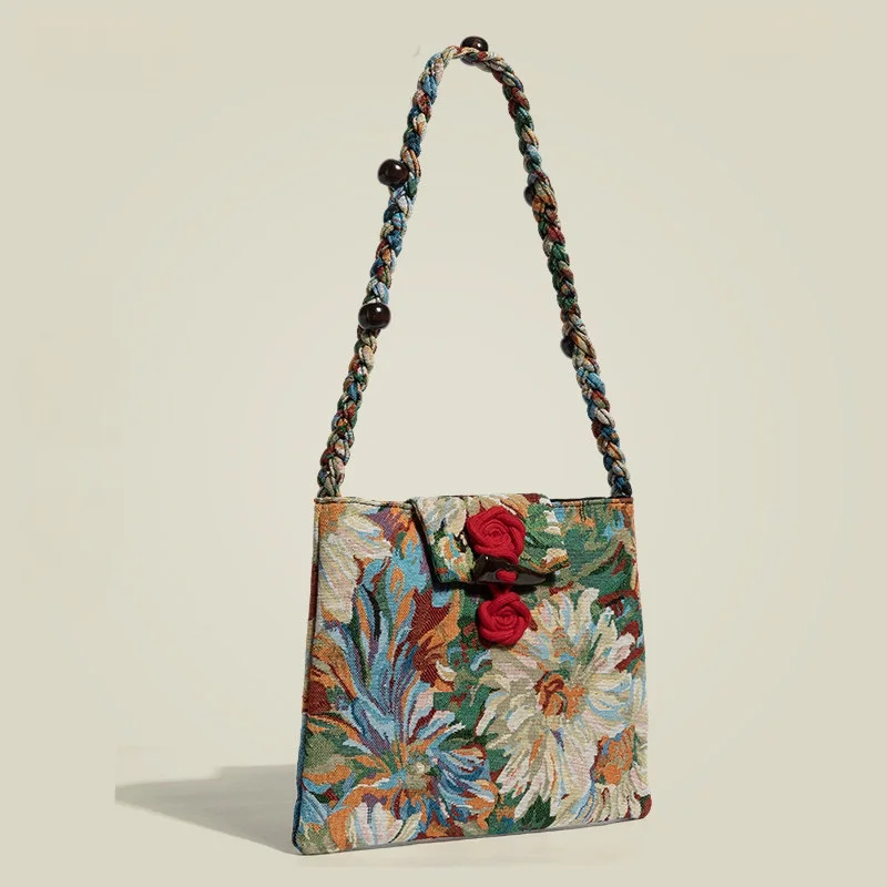 French Romantic Summer Colorful Sweet Girl Bag Exquisite Oil Painting Flower Red Rope Buckle Fashion Casual Women Shoulder Bag
