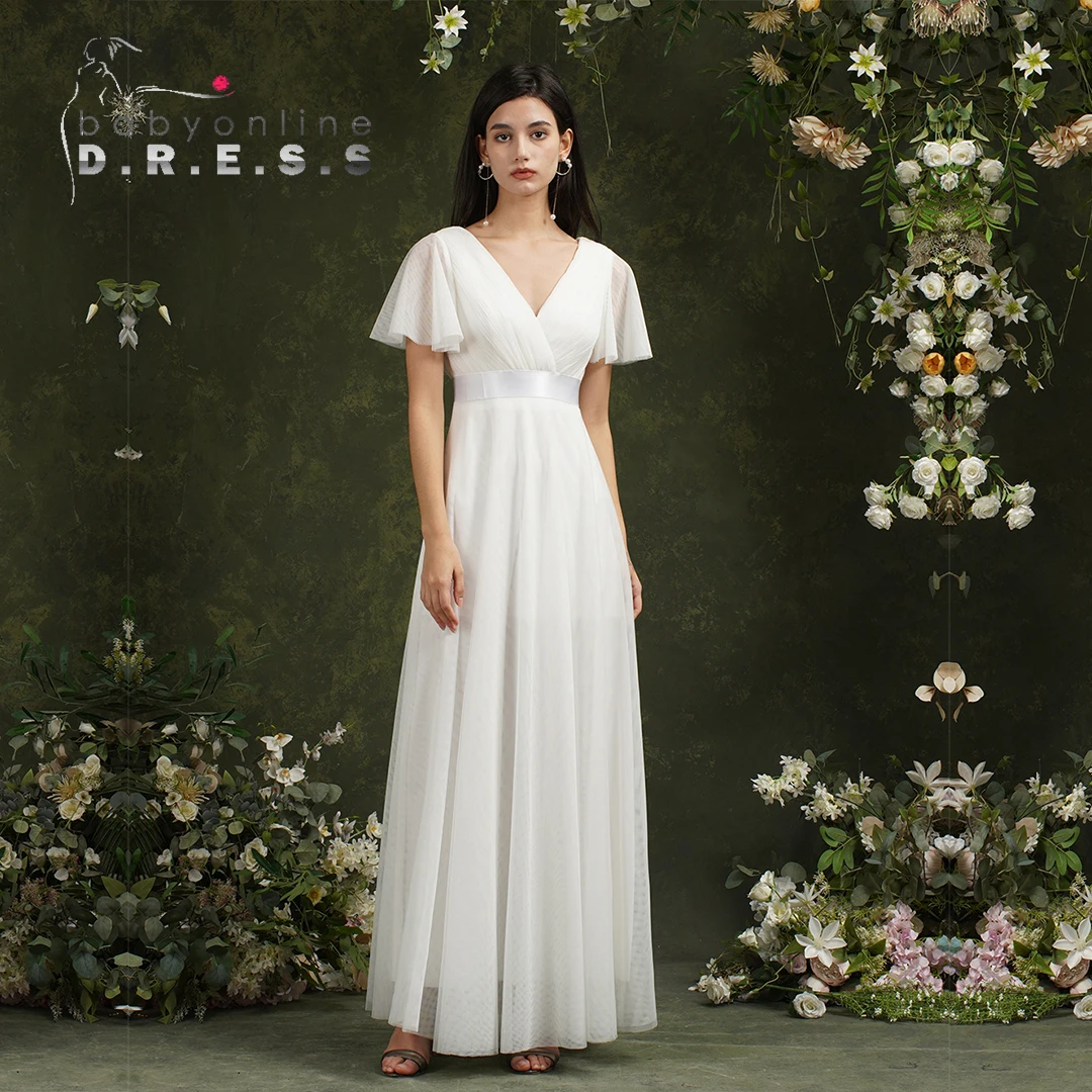 Elegant White Bridesmaid Dress with V-Neck & Flutter Sleeves - High-Waisted Wedding Party Dress for Bride & Galas | BABYONLINE