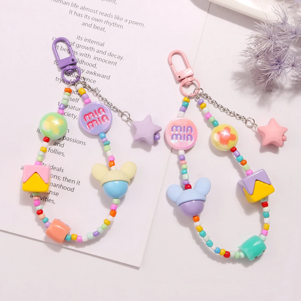 Y2k Colorful Beaded Keychain Cute Cartoon Phone Strap Wrist Strap Backpack Pendant Girls Headset Ornament Decoration Gifts