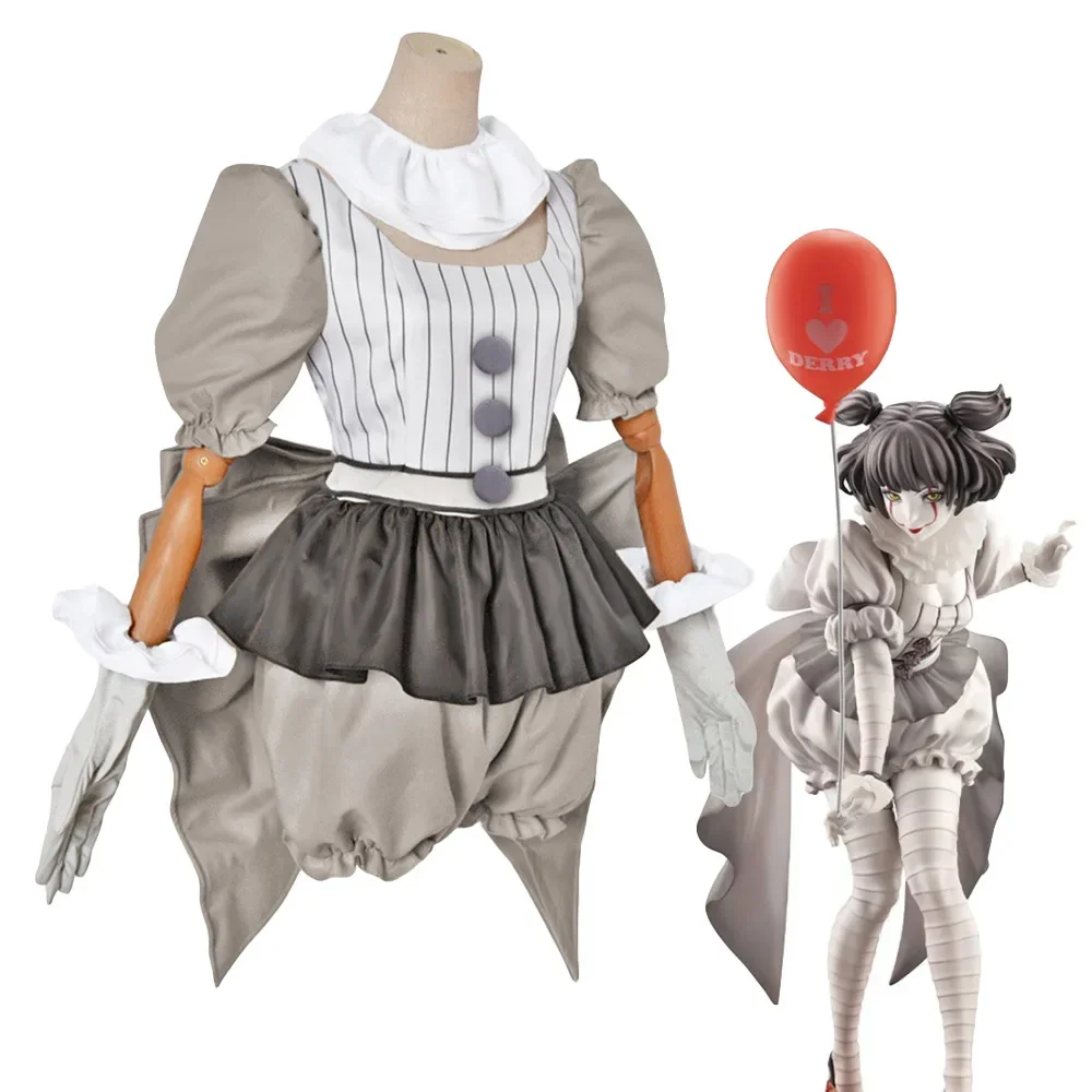 Filme palhaço pennywise cosplay traje genderswap horror lolita vestir-se feminino vestido de halloween carnaval festa conjunto completo