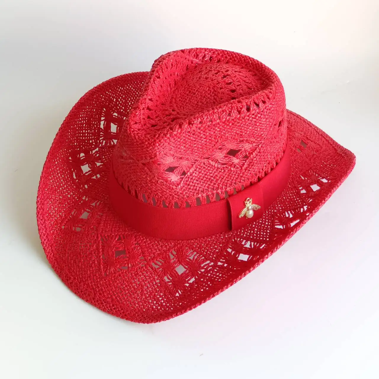 Stroh Cowboyhut rot hand gewebte hohle Malan Blume Männer und Frauen Sommers onnenhut westlichen Cowboyhut Sombrero Vaquero Mujer – Detail 10