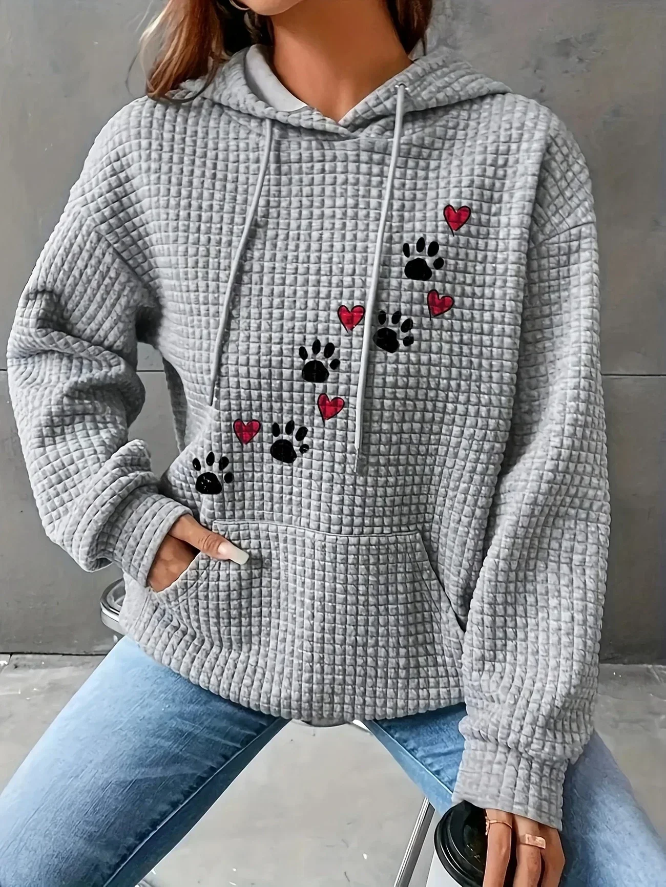 Plus Size Women Casual Pullover Hoodie Drawstring Hood Long Sleeve Kangaroo Pocket Waffle Top