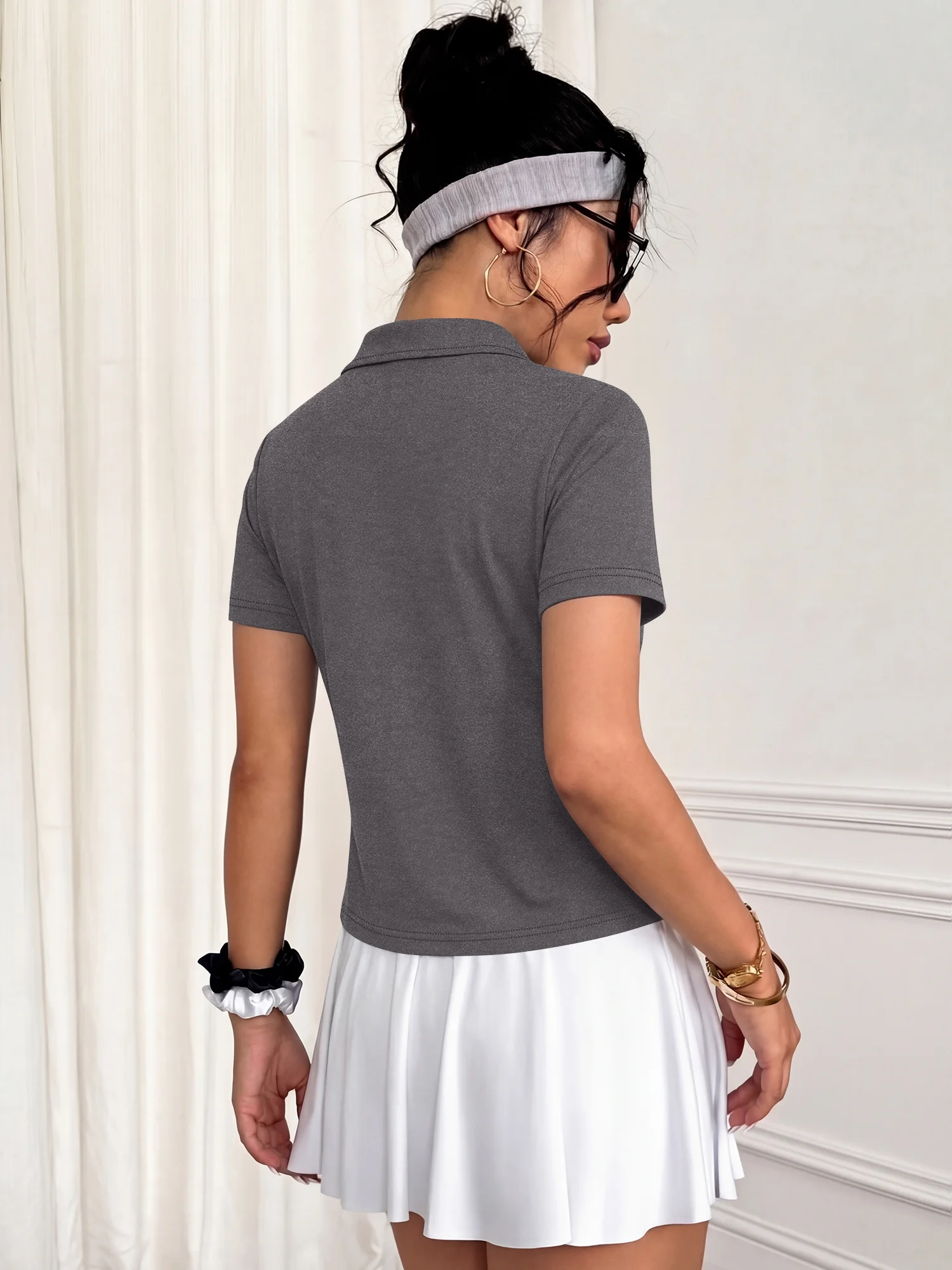 Women Summer Lapel Collar Short Sleeve Polo Tee Half Front Buttons Slim Fitted Solid Color Tops Casual Daily Office Wear Shirts