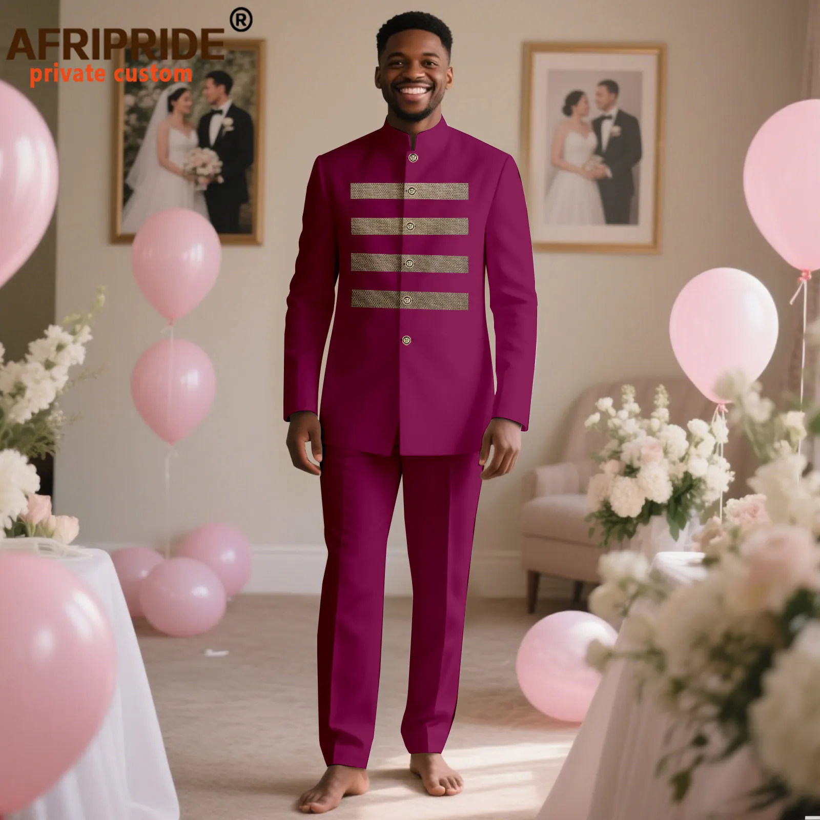 Bazin Riche African Clothes for Men Full Sleeve Striped Blazer and Ankara Pants 2 Piece Set Dashiki Outfits for Wedding 2516063