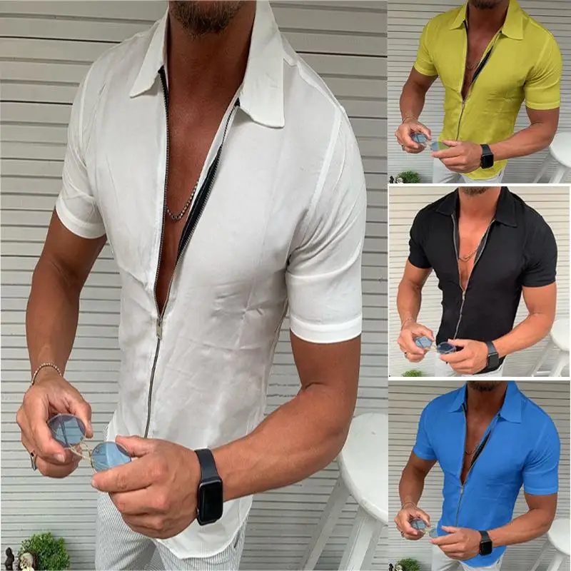 

Men's Zipper Short Sweed Shirt Lapel Cardigan Top British Style Casual Cotton Color Shirt Easy Care Summer Fashion