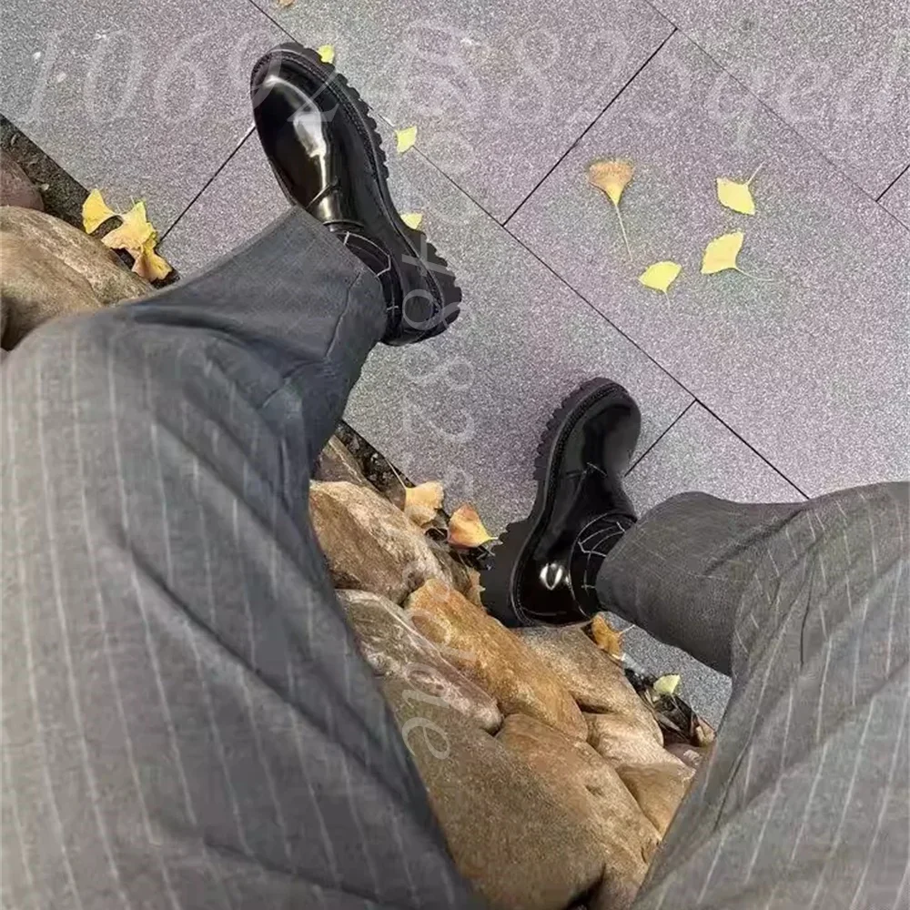 Men's Trendy Patent Polished Leather Monk Strap Shoes Chunky Platform Sole Formal Dress Oxfords Elevator Heel Footwear for Work