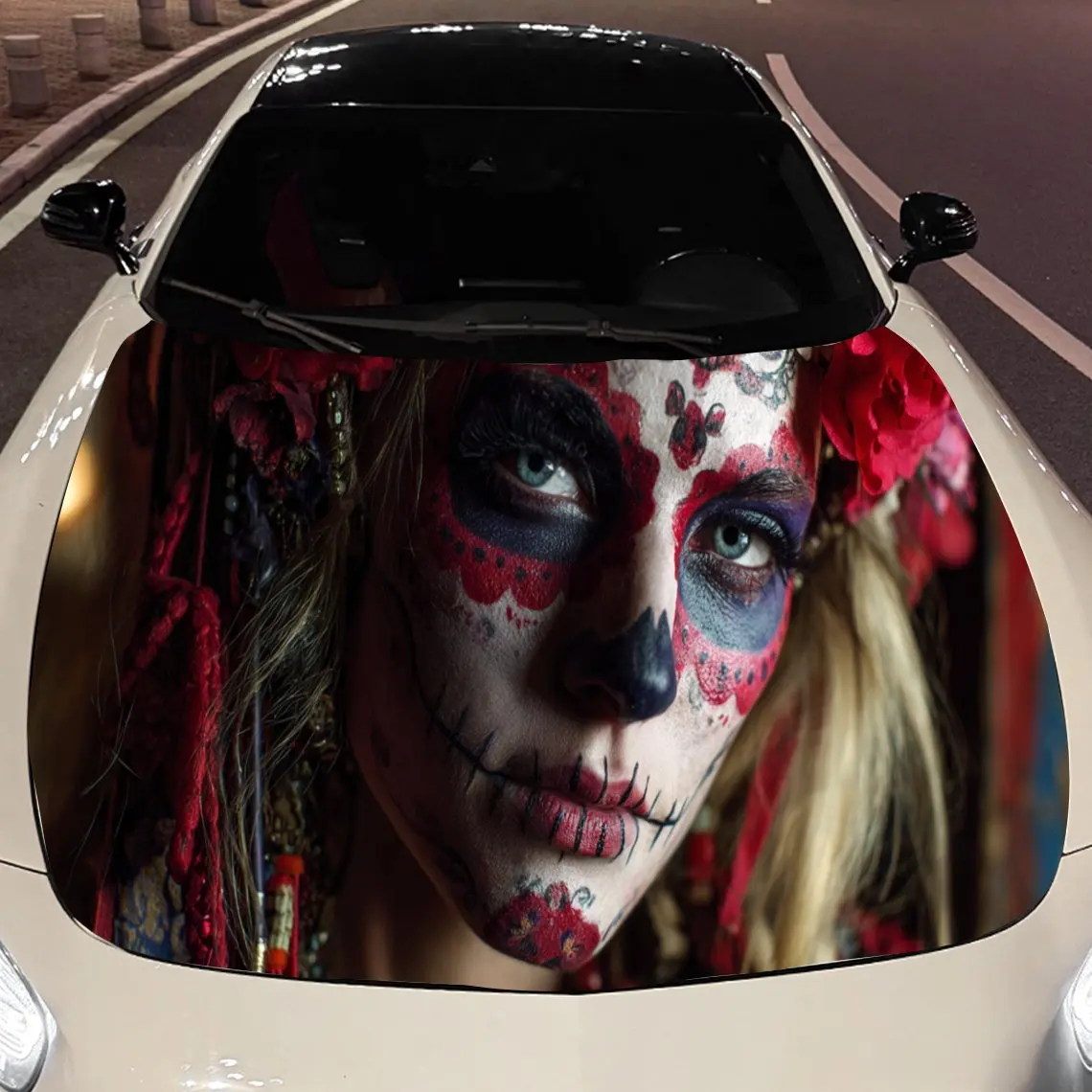 Day of the Dead Makeup Car Hood Vinyl Stickers Car Surface Protection Decal Car Decoration Cover Vinyl Wraps Waterproof Self-adh