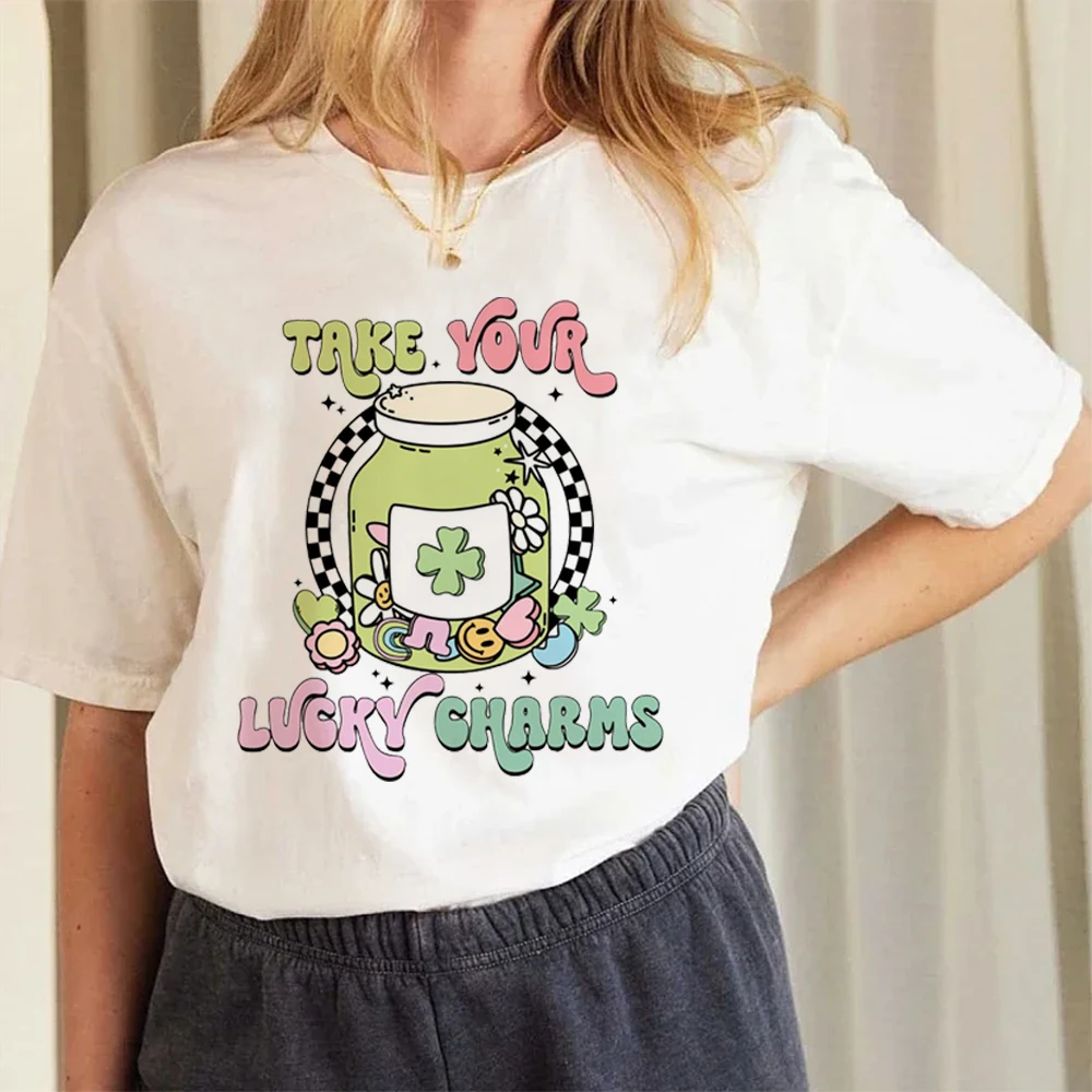 Funny Take Your Lucky Charms Leprechaun Printed Casual Fun T-Shirt for Women Cute Short Sleeved O-Neck Style Basic Top T-Shirt.