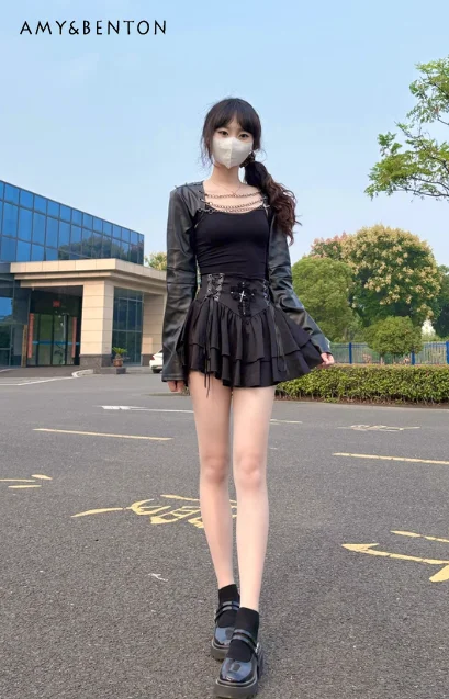 

Летняя куртка из искусственной кожи в стиле готик-панк с короткой цепочкой, черная, с кружевной завязкой, тонкий топ-бандо