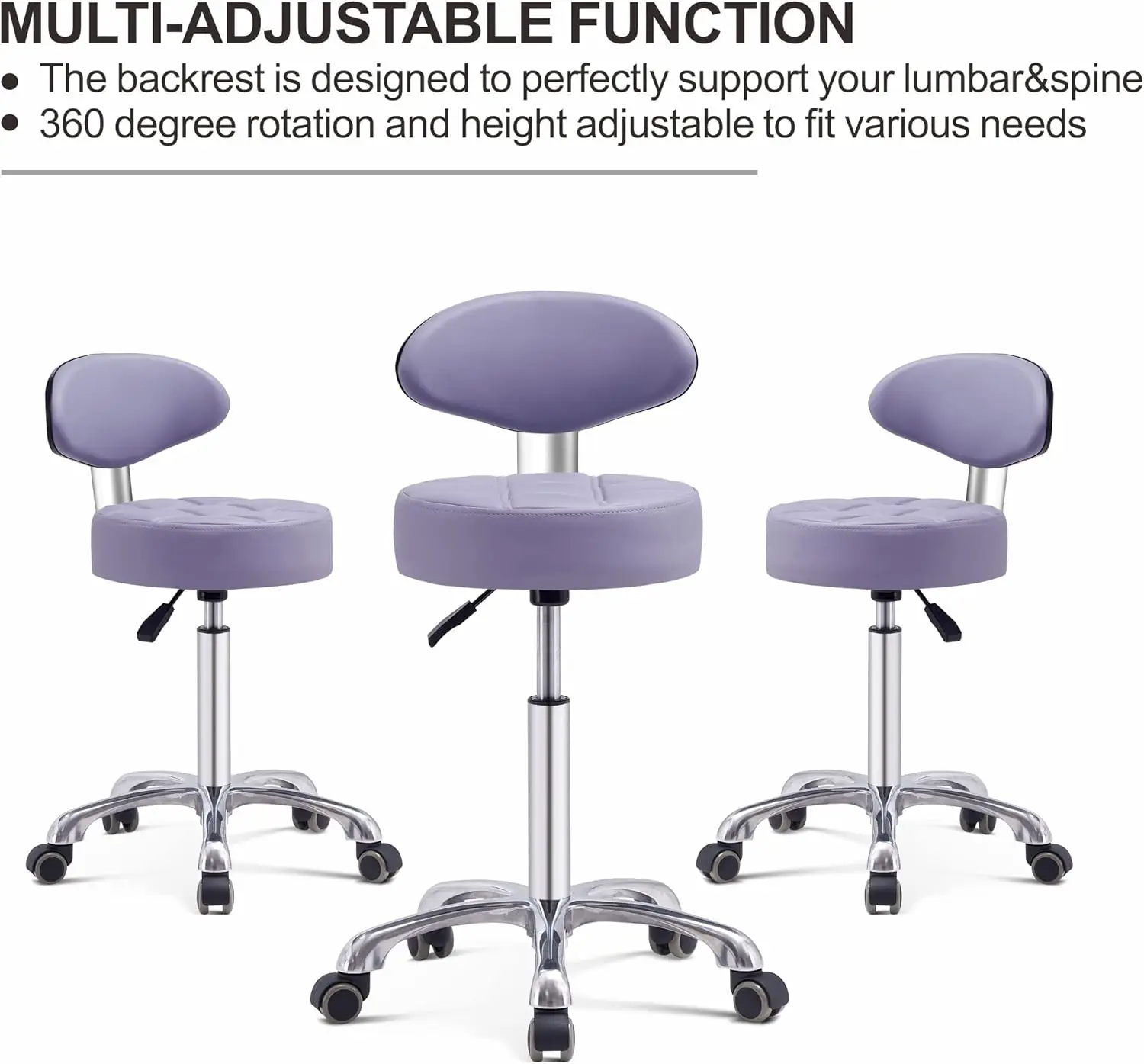 Grace & Grace Pneumatic Height Adjustable Rolling Swivel Stool With Comfortable Seat Heavy Duty Metal Base For Salon, Massage,