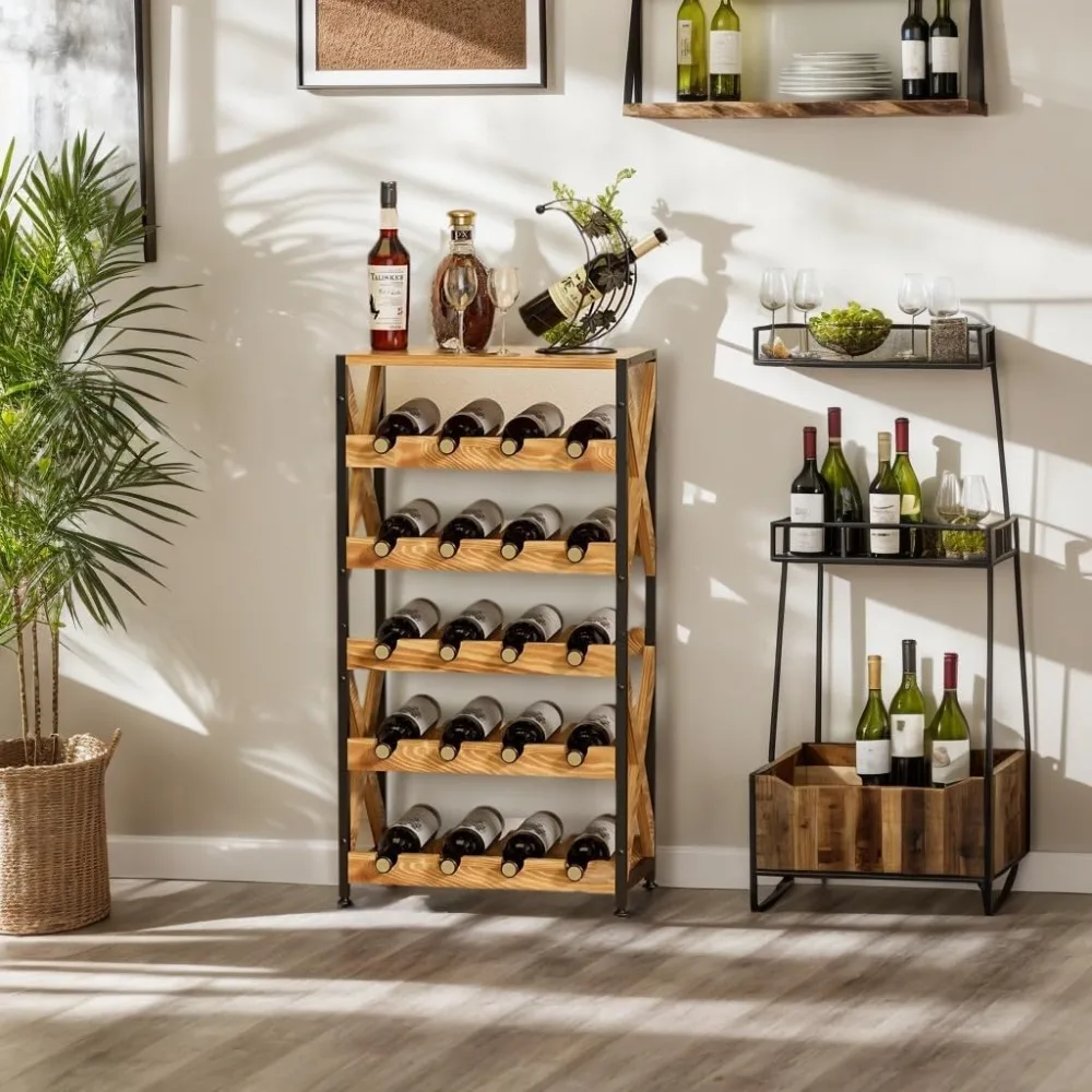 Rack de vinho para 20 garrafas, piso autônomo com tampo de madeira, prateleira de armazenamento para exibição de vinho de 5 camadas sem oscilação, vinho modular empilhável