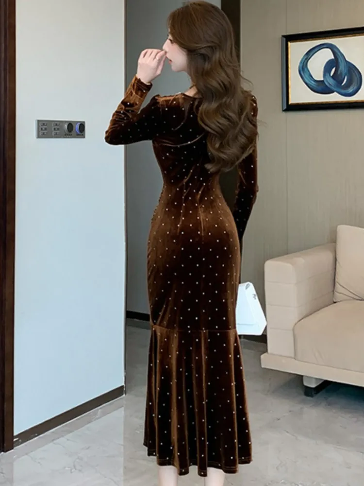 Robe de bal française Vintage pour femmes, col carré, taille fine, longue, style sirène, nouvelle mode, vêtements de bal, automne 2025