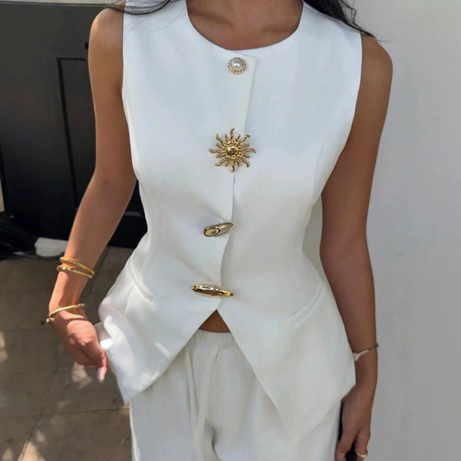 Elegant White Round Neck Sleeveless Vest Metal Decor Button Tailored Slim Fit Business Casual Blazer Top