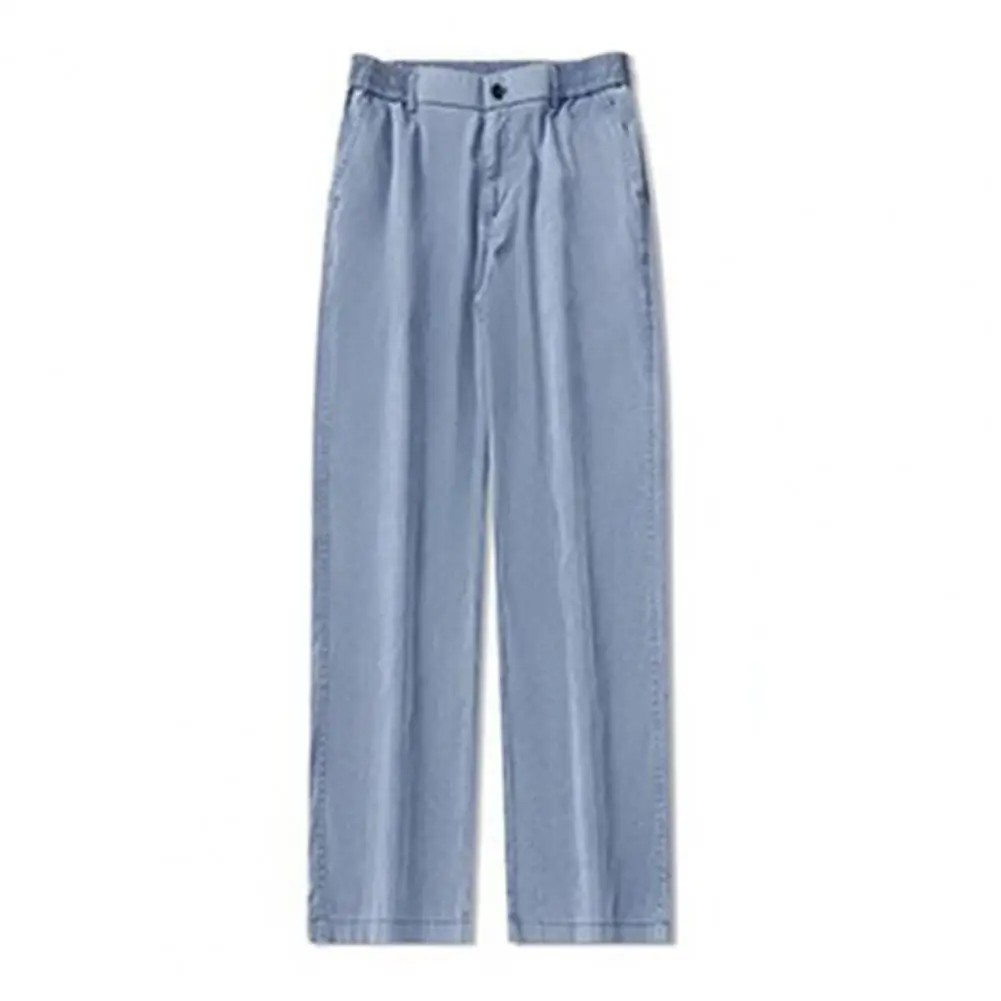 Comfortable Men Jeans Stylish Men's Ice Silk Denim Pants Elastic Waist Wide Leg Trousers with Pockets for Summer Casual Wear