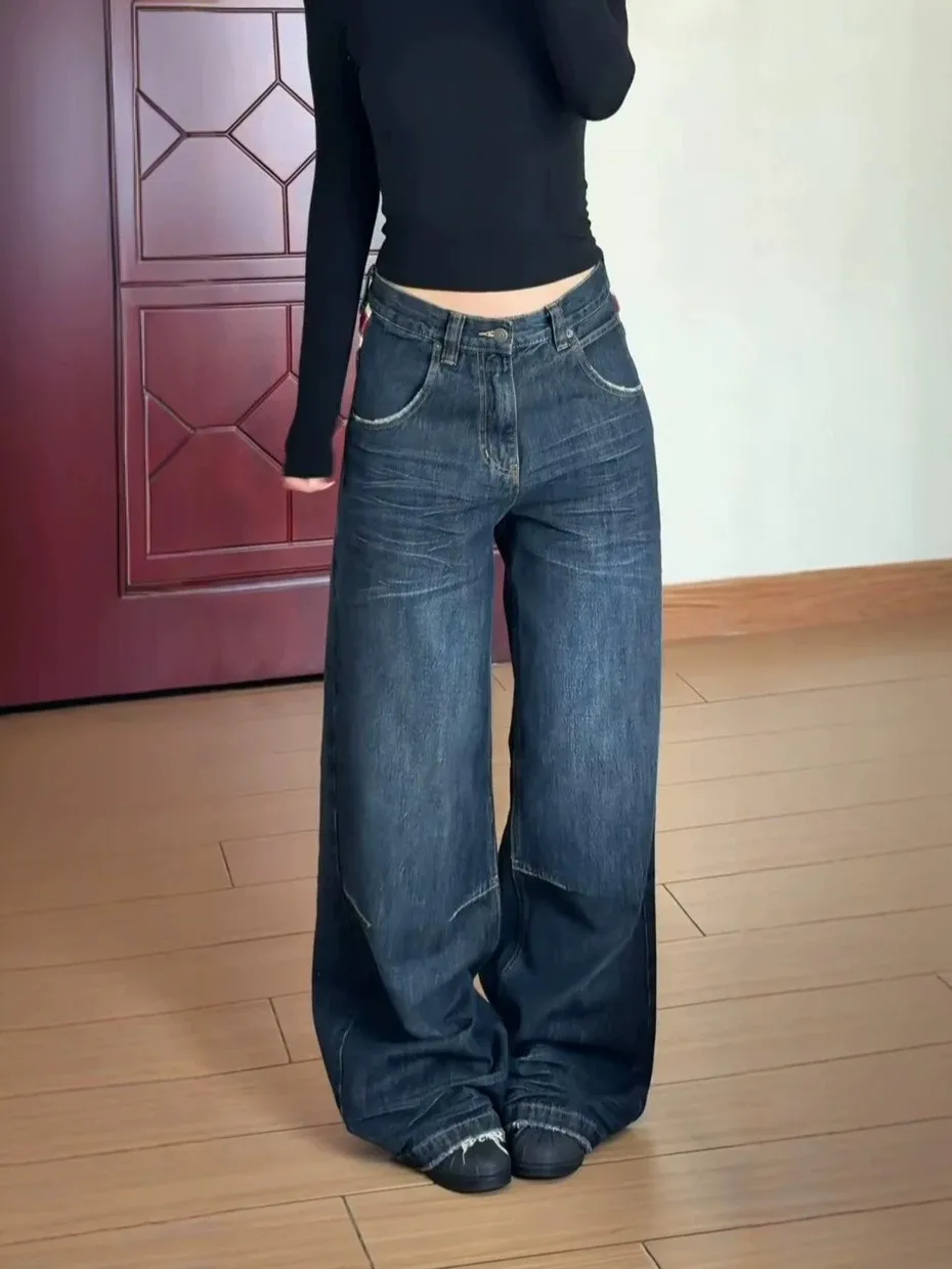 Loose Fit High Waist Wide Leg Jeans Women's plus Size American Retro Patchwork Design Fashionable Versatile Casual Denim Pants