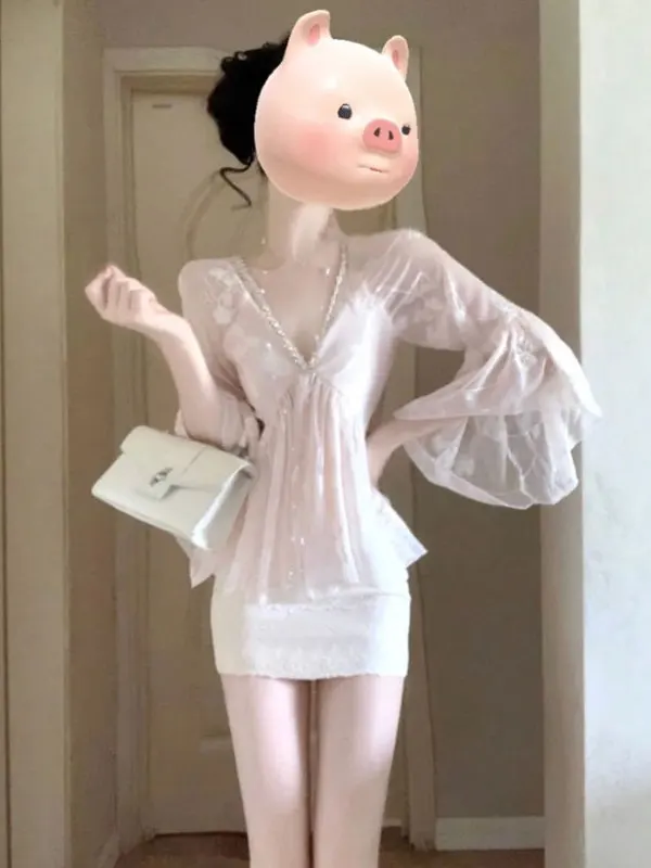 

Уникальный комплект из топа с V-образным вырезом и юбки, женская модная коллекция весенней моды, удобный крой, платье с короткими рукавами во французском стиле