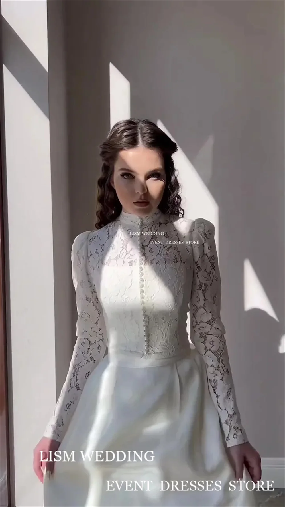 LISM-vestidos de novia elegantes de encaje para mujer, chaqueta de manga larga, cuello alto, línea A, largo hasta el suelo