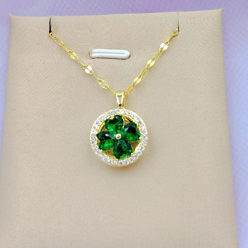 Fashion Charm Green Heart Necklace Classic Vintage Pink Flower Clover Heart Clavicle Chain Pendant Gift