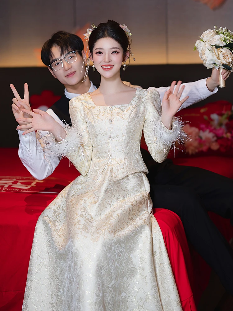 

Champagne Colored Wedding Dr Long Sve Engagement Ceremony Dr Ele Sensation Marriage Dr Set Women's Faion