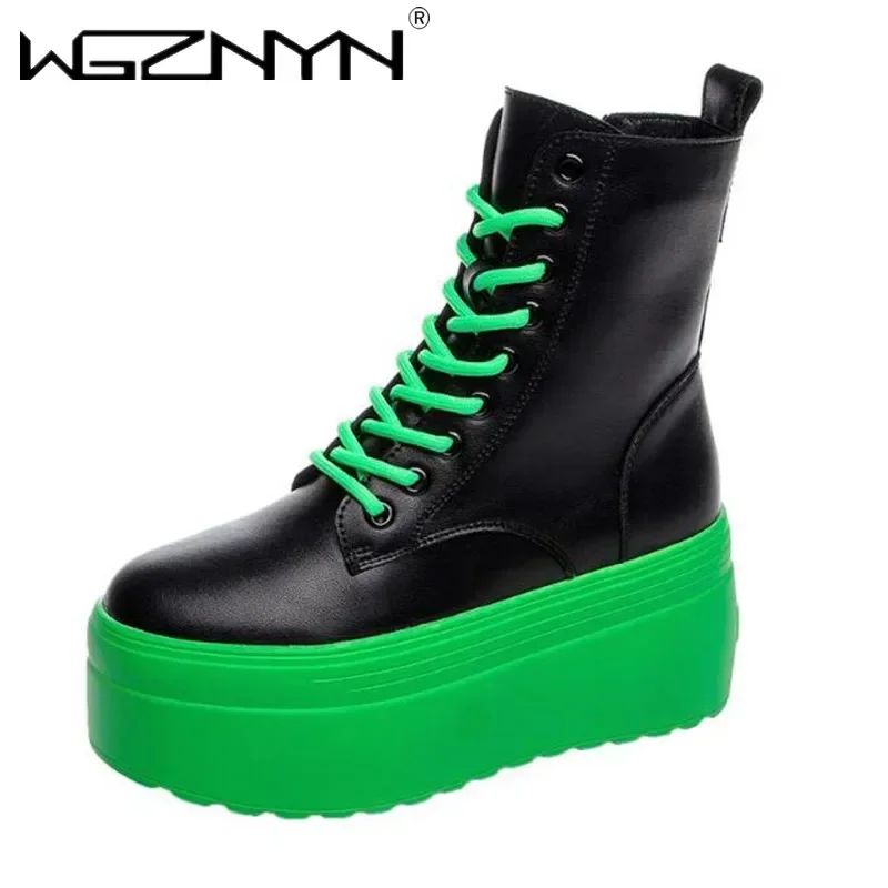 2025 Genuine Leather Ankle Boots Green Platform Sneakers for Women Thick Bottom Casual Women's Lace-up Combat Boots Chunky Shoes - view 2
