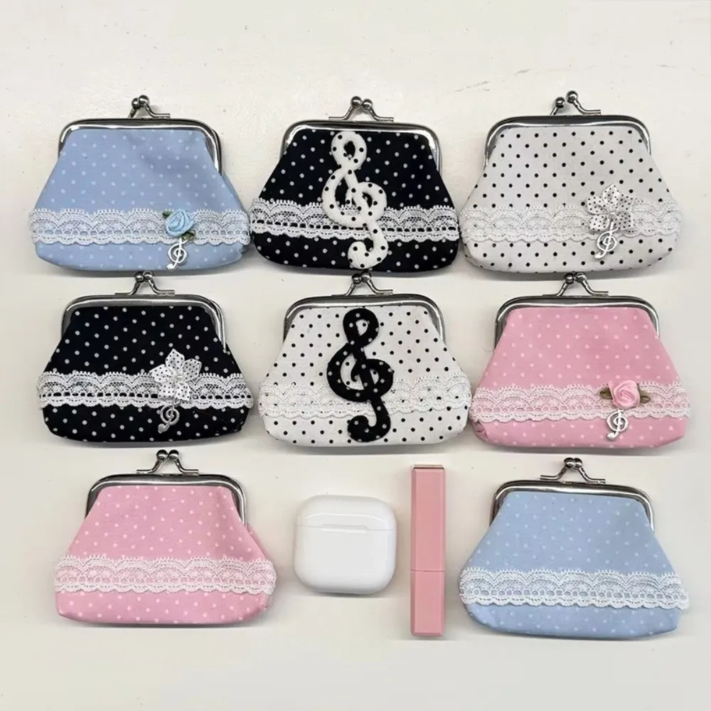 Y2k Style Handmade Lace Polka Dot Coin Purse Music Note Rose Pattern Kiss Lock Wallet Vintage Portable Earphone Bag Office