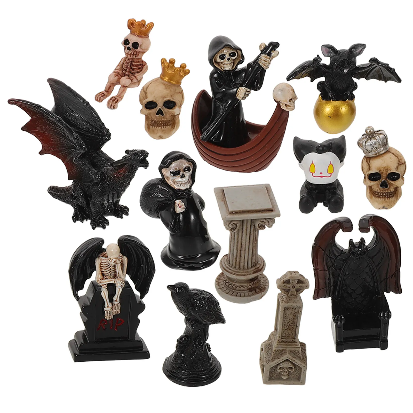 13Pcs Miniature Resin Skull Bat Column Halloween Decor Small Sturdy Fade-Resistant Tabletop Garden Indoor Outdoor Ornament