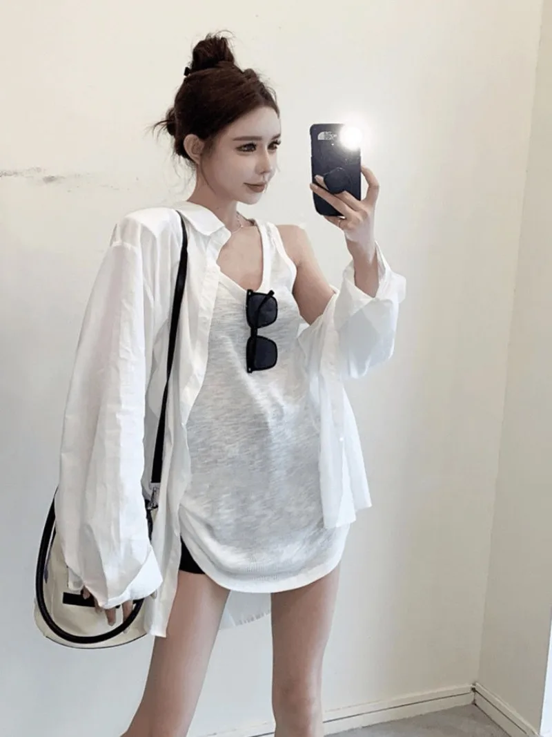 

Shpmishal Korean Lazy Style White Sunscreen Shirt Women's New Summer Loose Sleeveless Tank Top Two Piece Set Female Clothing