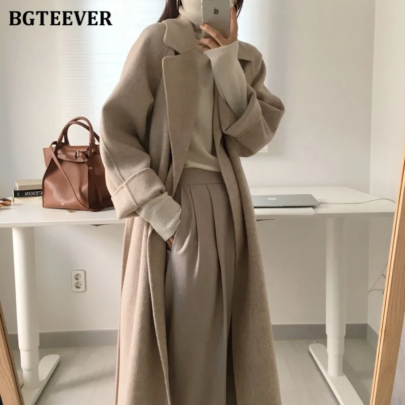 BGTEEVER Chic Elegant Thick Warm Ladies Woolen Overcoats Winter Outwear Long Sleeve Loose Pockets Female Lace-up Blend Jackets