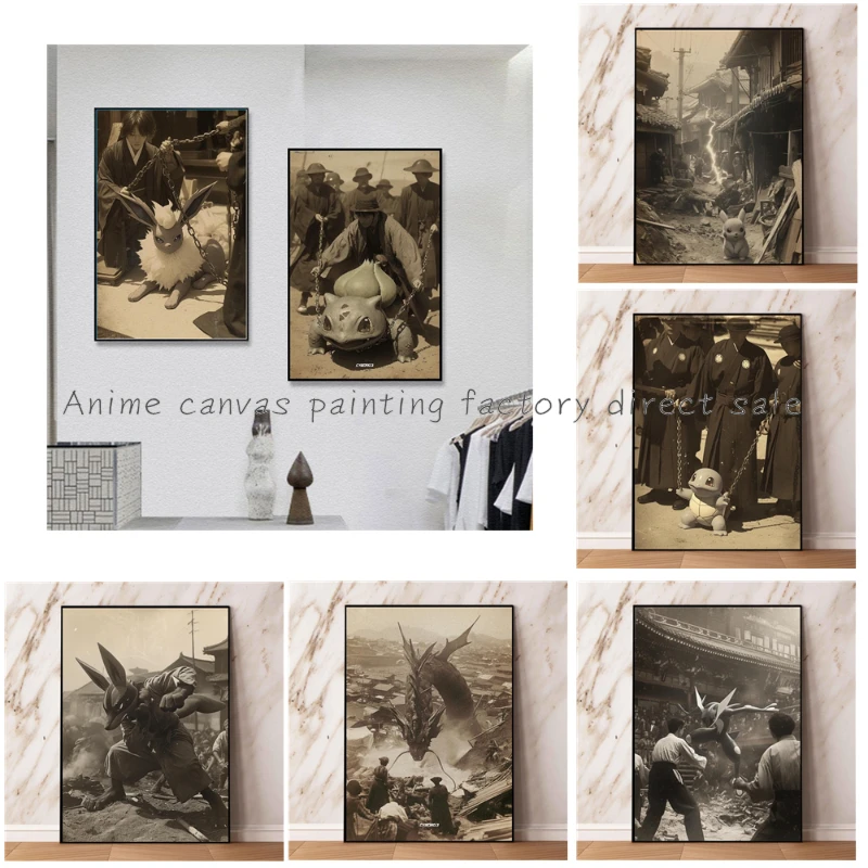 Anime Pokemon Retro Poster Pikachu Gyarados Mewtwo HD Print Canvas Painting Retro Art Comic Picture Cafe Home Wall Decor