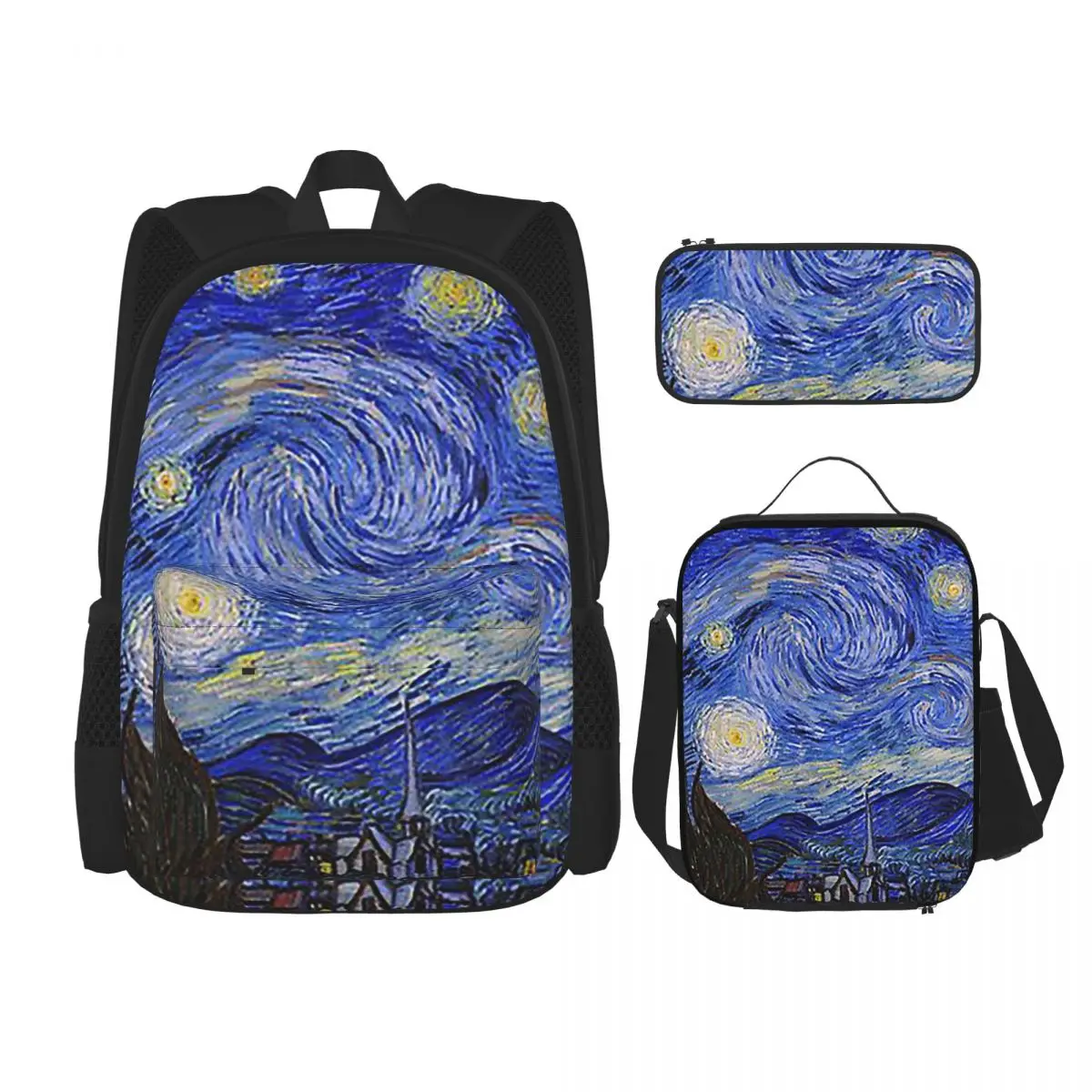 The Starry Night By Vincent Van Gogh Backpacks Students Bookbag School Bags Rucksack Lunch Bag Pen Bag Three-Piece Set