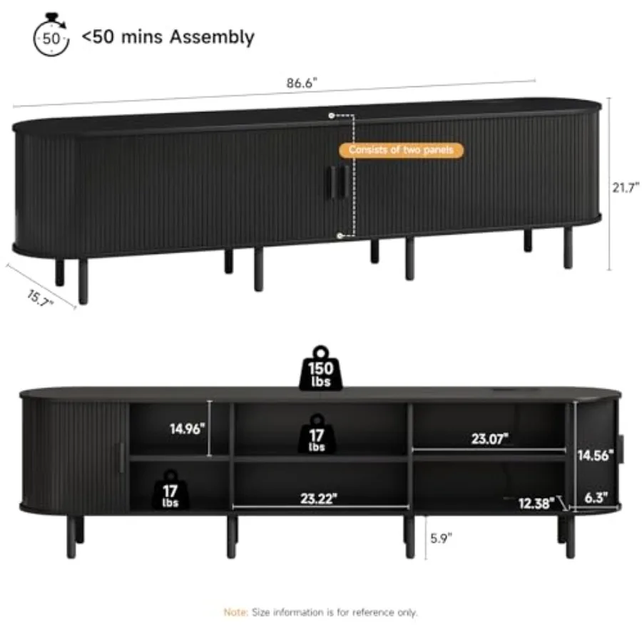 86.6 TV Stand with Power Outlet Storage for TVs up to 90: Wood, Black, Space-Saving Design
