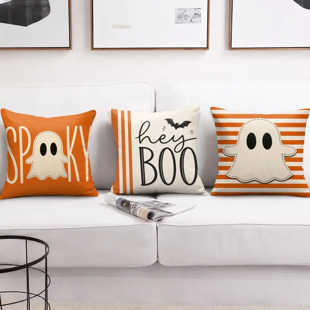 Halloween Hey Boo Cute Ghost Cushion Cover Double-Sided Plush Sofa Cushion Covers Organic Breathable Invisible Zipper