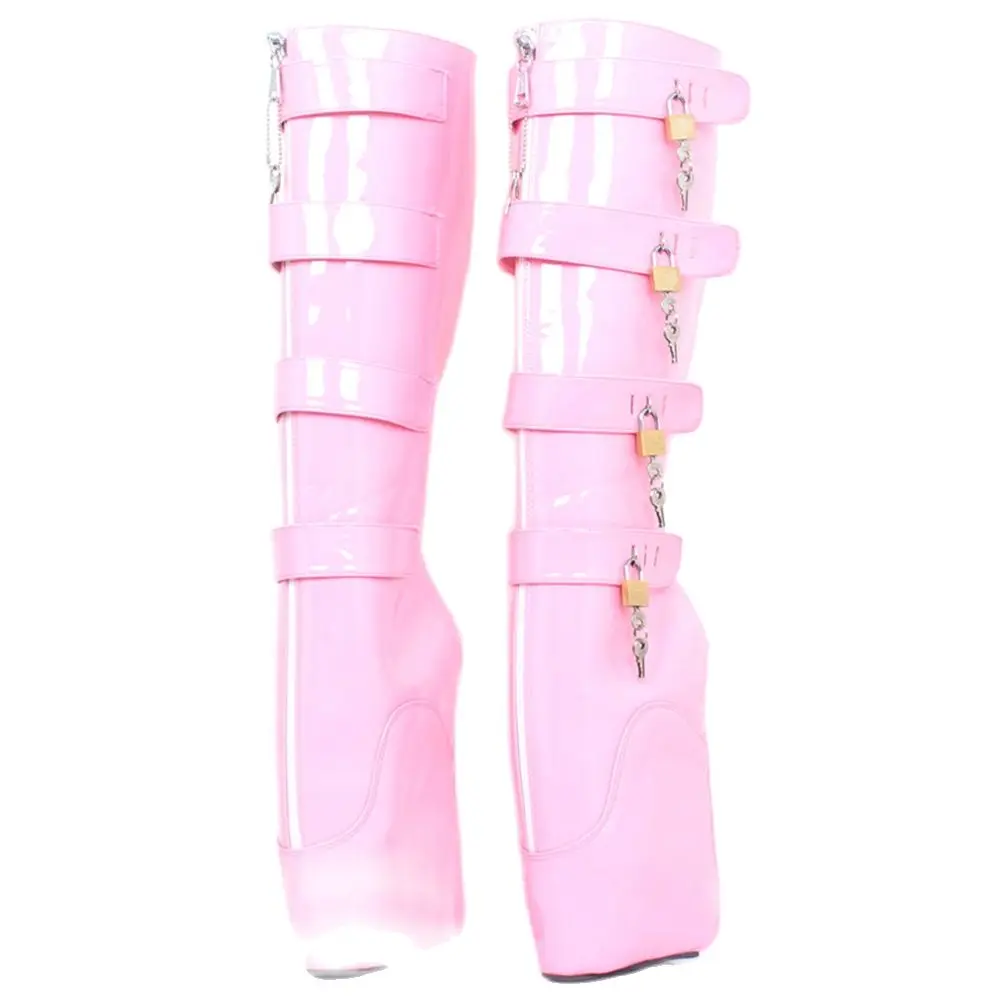 Women Knee-High Boots 7\' Super High Wedge Ballet Heel Lockable Boots With Padlocks Custom Colors