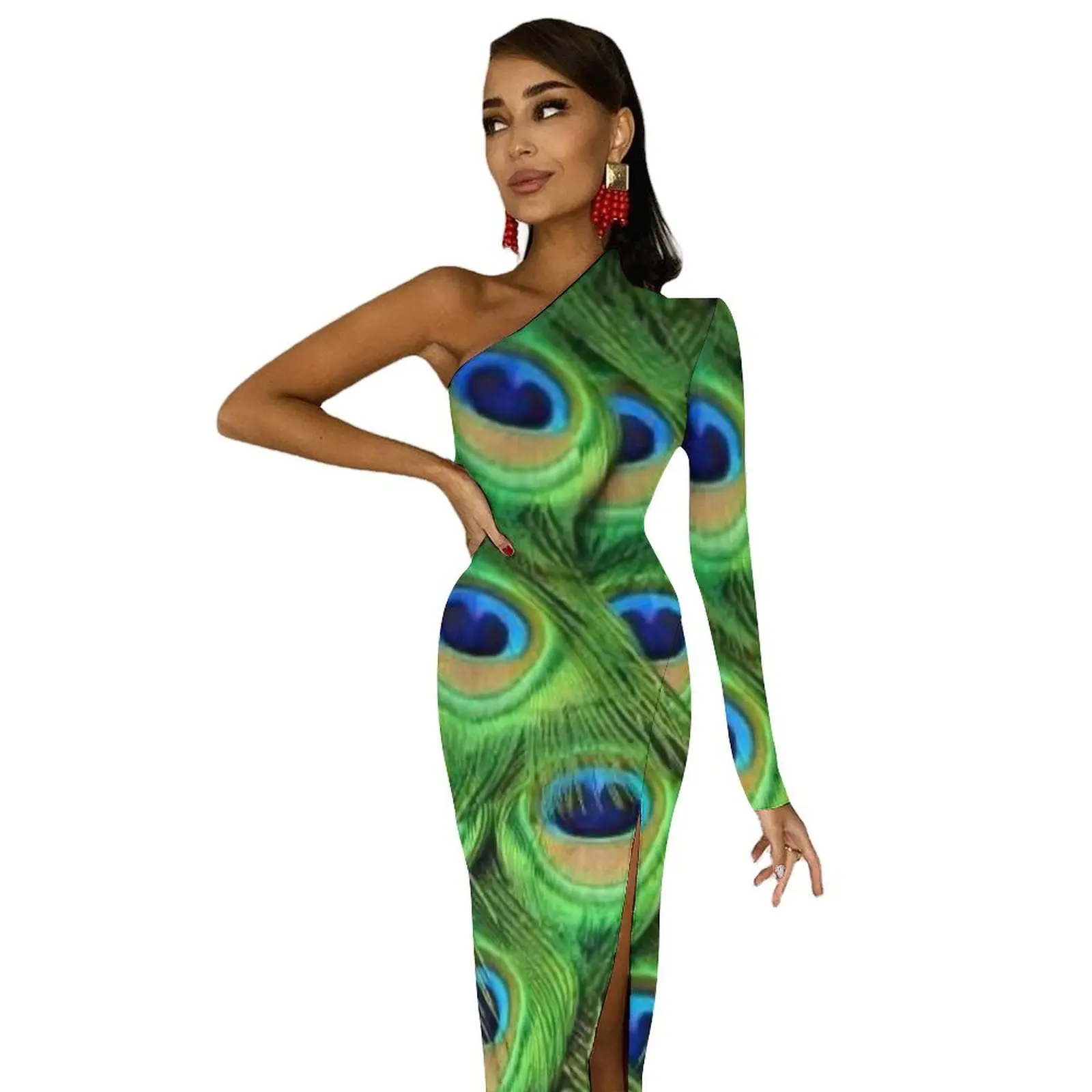 Pauwenveren bodycon jurk dames dierenprint vintage maxi jurk lange mouw feest aangepaste jurken cadeau