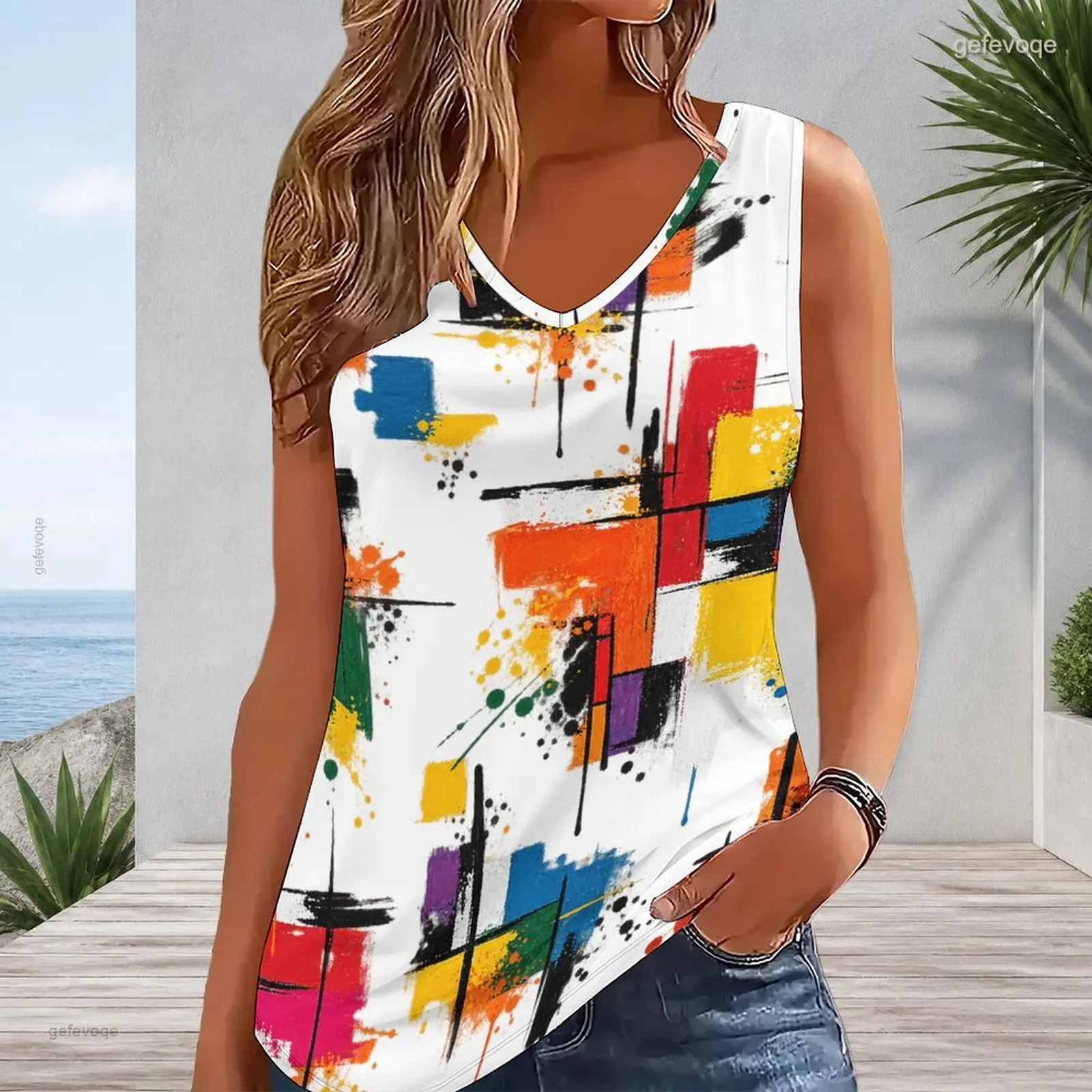 Women Abstract Colorful Brush Stroke Print V Neck Sleeveless Tank Top