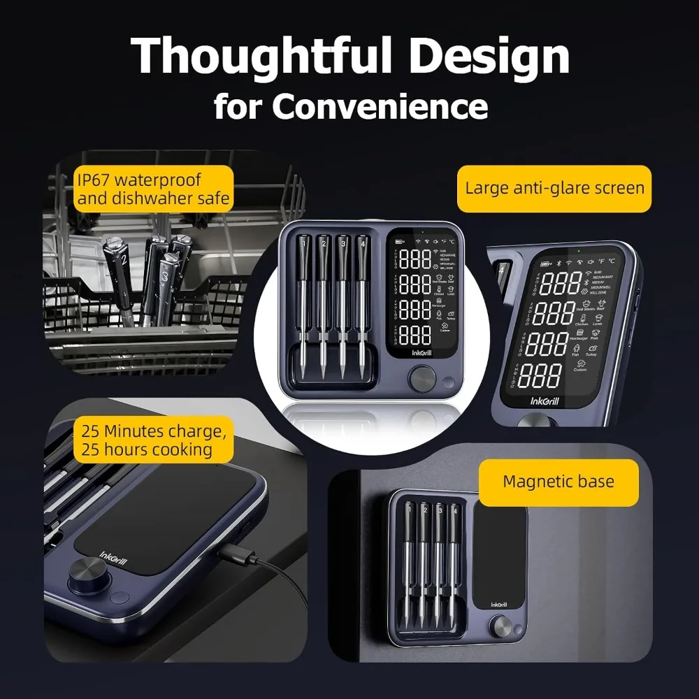4-Probe WiFi & Bluetooth Meat Thermometer with App Control, Unlimited Range for BBQ, Grill, Oven, Smoker