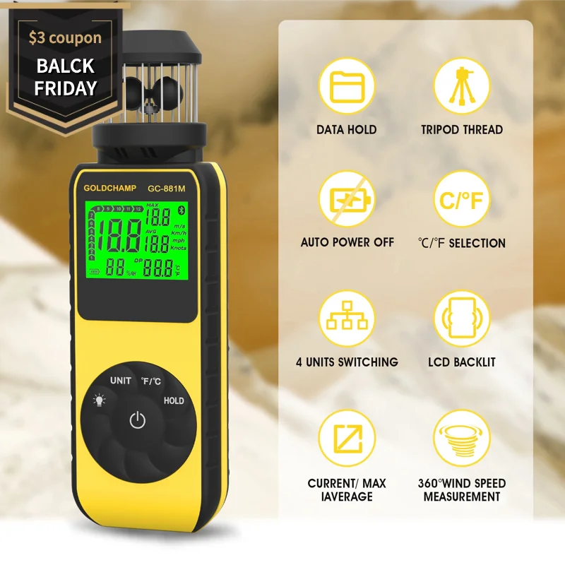 Digitaler Anemometer-Windmesser – Hand-Anemometer-Update-Windmesser mit 360° ° Rotation zur Messung der Windgeschwindigkeit, BT-881M