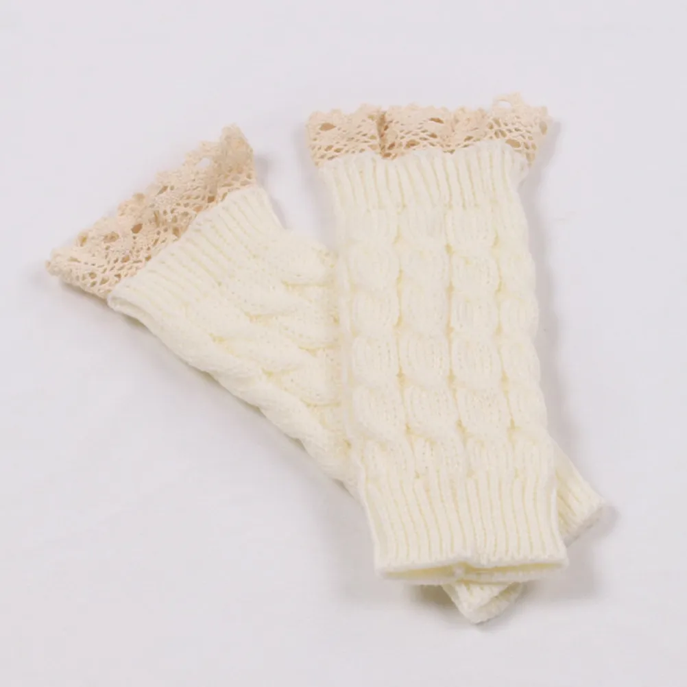 Women's Winter Warm Knitted Crochet Long Fingerless Lace Arm Warmers Gloves Mittens Thumb Hole White Soft Comfortable Breathable