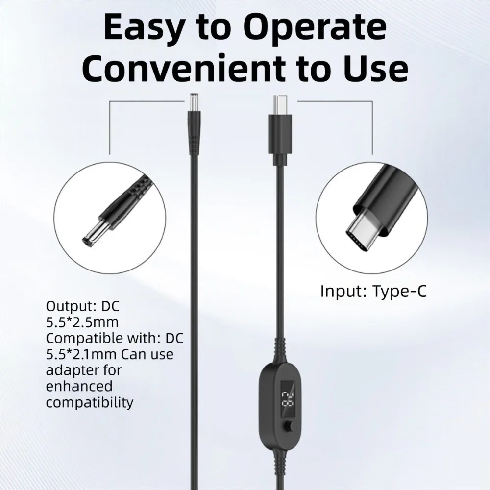 Digital Display USB C to DC 5525 Converter with 28/34 Connector Tips 5V/9V/12V/15V/20V Adapter Cable Adjustable Voltage