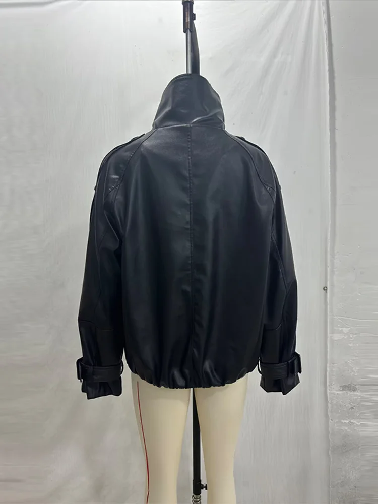 Damen Kunstlederjacken mit Stehkragen, Epauletten, Doppelreihig, Lange Ärmel, Oversize-Mäntel, Schicke Damen-Oberbekleidung in Unifarben – Detail 5