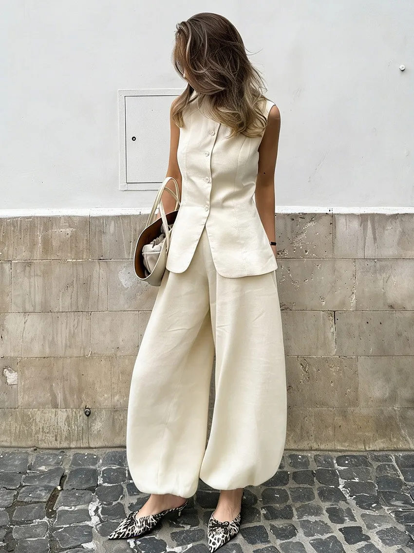 

Spring Women's Clothing Sleeveless Cardigan And Straight Leg Pants Set Elegant Casual Workwear Cotton Long Trousers For Woman