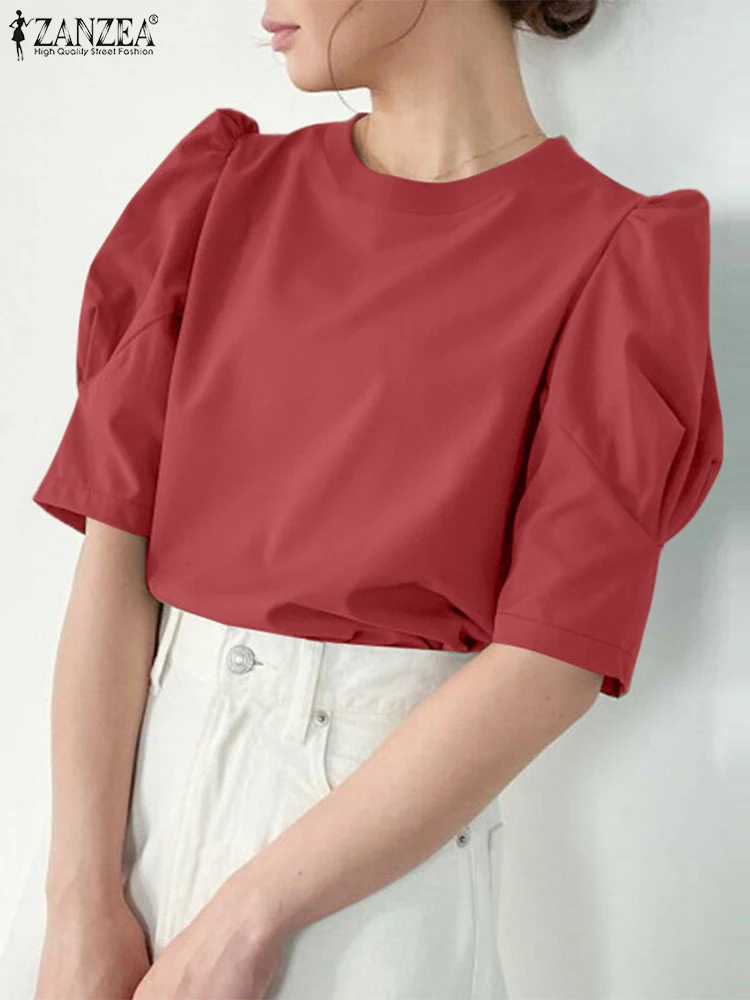 

Korean Tops ZANZEA Women Solid Color Blouse 2025 Fashion Short Puff Sleeve Tunic Summer Shirts Vintage Casual Loose Blusas Femme
