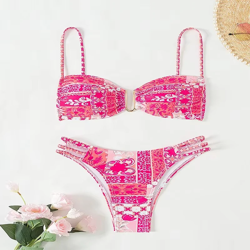 

Y2K Print Bikini U Wire Sling Swimsuit Backless Lace Up Vacation Swimwears Bathing Suit Women Beach Outfit Maillot De Bain Femme