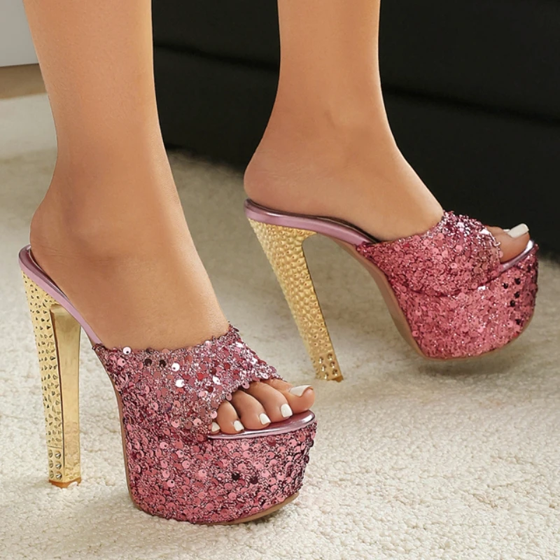 Sexy Slippers Women Extreme High Heels Sandals Luxury Sequined Platform Summer Mules Shoes Female Red Blue Party Shoes Big Size