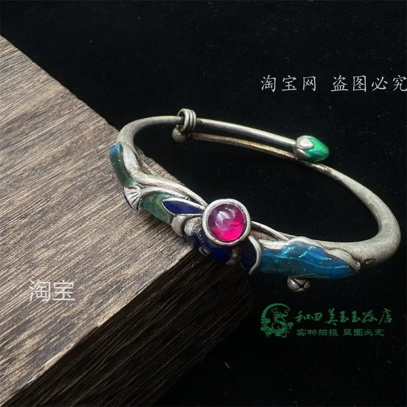 Непал тибетский ретро старый тибетский серебряный браслет в виде лотоса ручная инкрустация со звездным сапфиром жареный синий женские серебряные украшения