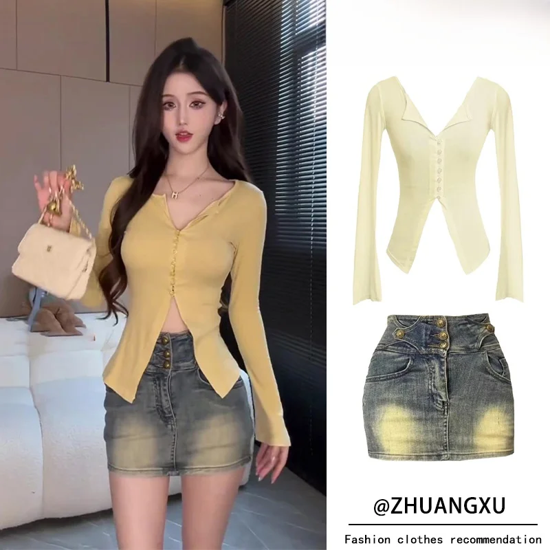 

Комплект из джинсовой юбки с высокой талией и топа для женщин, модный осенний новый комплект 2024 года в стиле Salt System High Sensation Spicy Girl, маленький размер