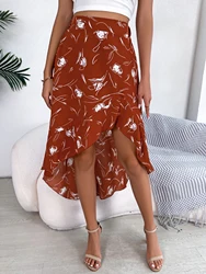 Women Casual Floral Print Ruffles Asymmetrical Long Skirt Elegant Dress for Spring Summer Vacation Woman Fashion Clothes