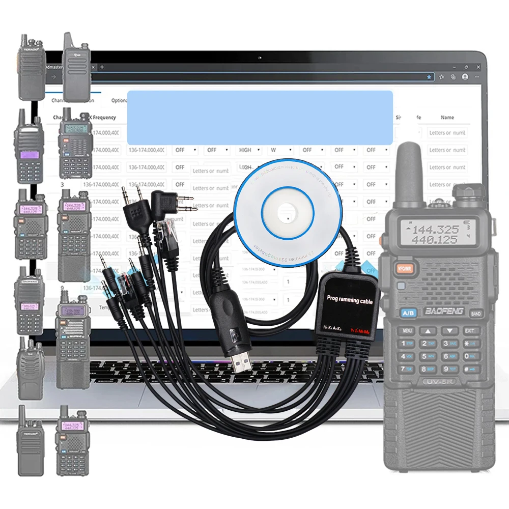 8 in 1 Computer USB Programming Cable for Baofeng Kenwood for Motorola AXU4100 Yaesu Walkie Talkie Radio Car Radio CD Software