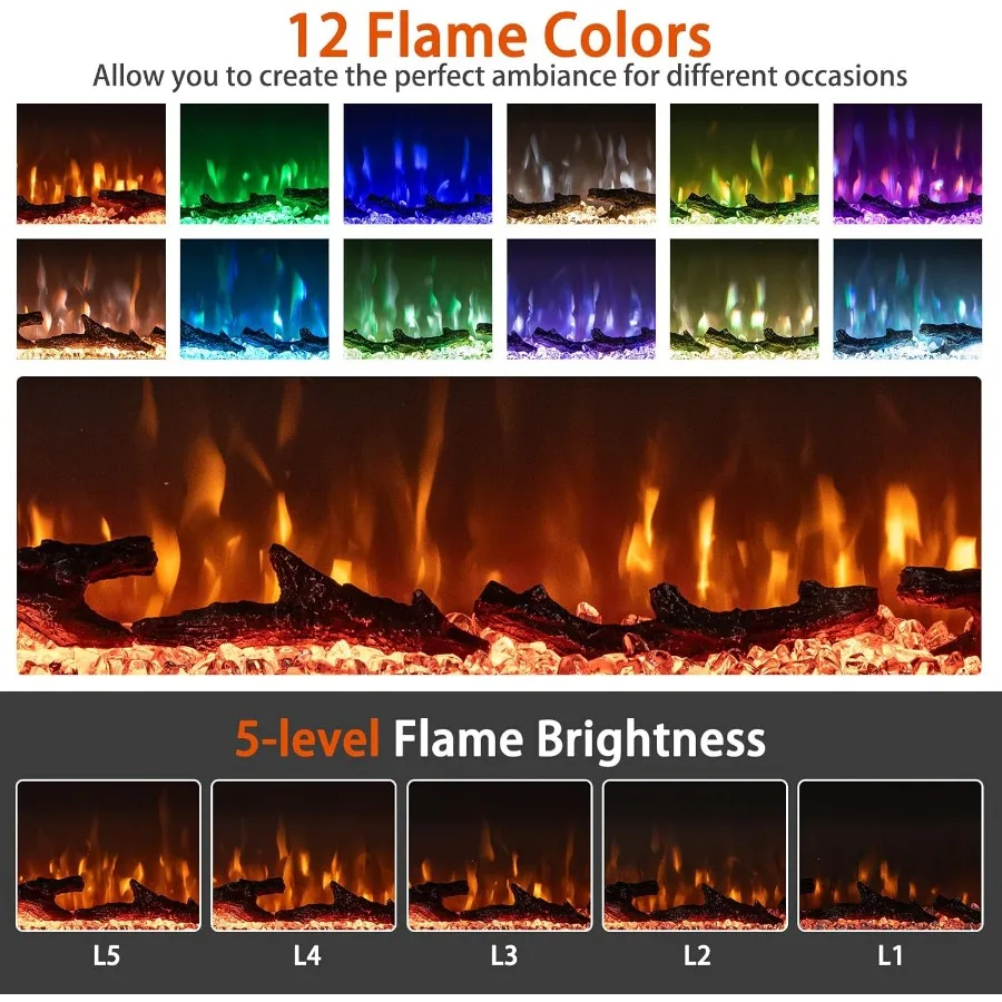 Inserto per caminetto elettrico a 3 lati da 36 pollici con potenza di riscaldamento da 750 W 1200 W Design da incasso per soggiorno o camera da letto 12 Fiamme Co