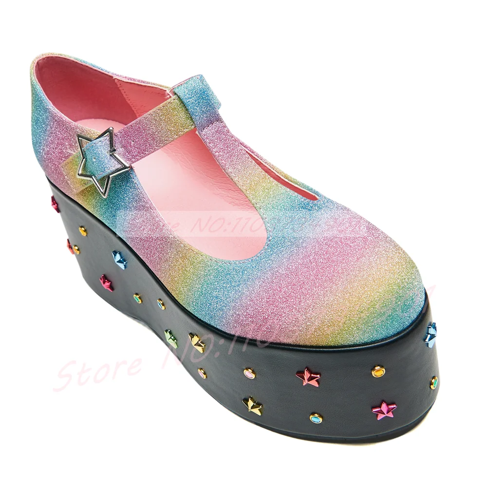 Rainbow Glitter Platform Mary Jane Shoes Women T-Strap Star Buckle Wedge Pumps with Colorful Star Rivets Lolita Festival Heels